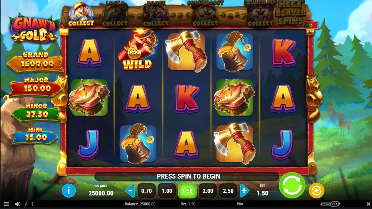 Pemandangan hutan yang indah dengan karakter berang-berang di slot Gnaw’n Gold