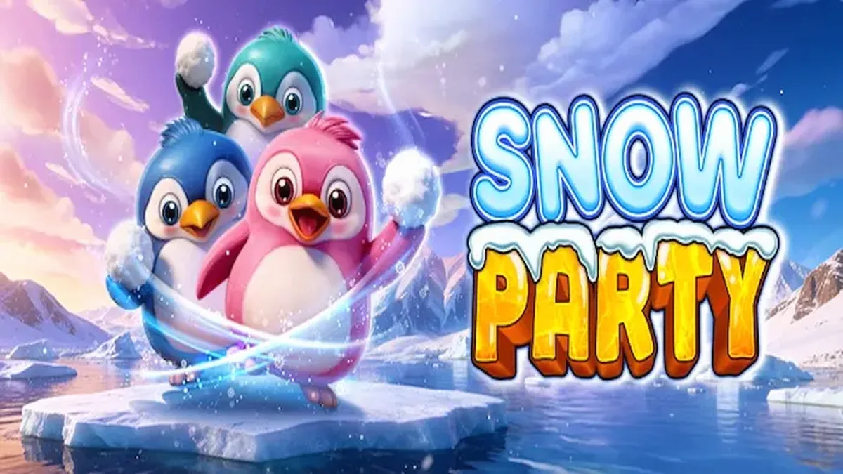 Tampilan layar permainan slot Snow Party dari Pragmatic Play dengan karakter hewan kutub yang ceria dan grid 7x7.