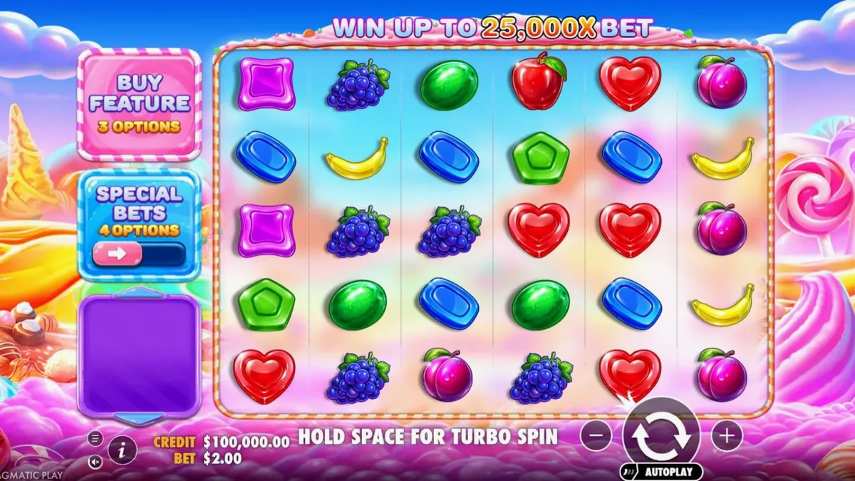 Tampilan visual penuh warna dan permen dalam slot Sweet Bonanza 2500